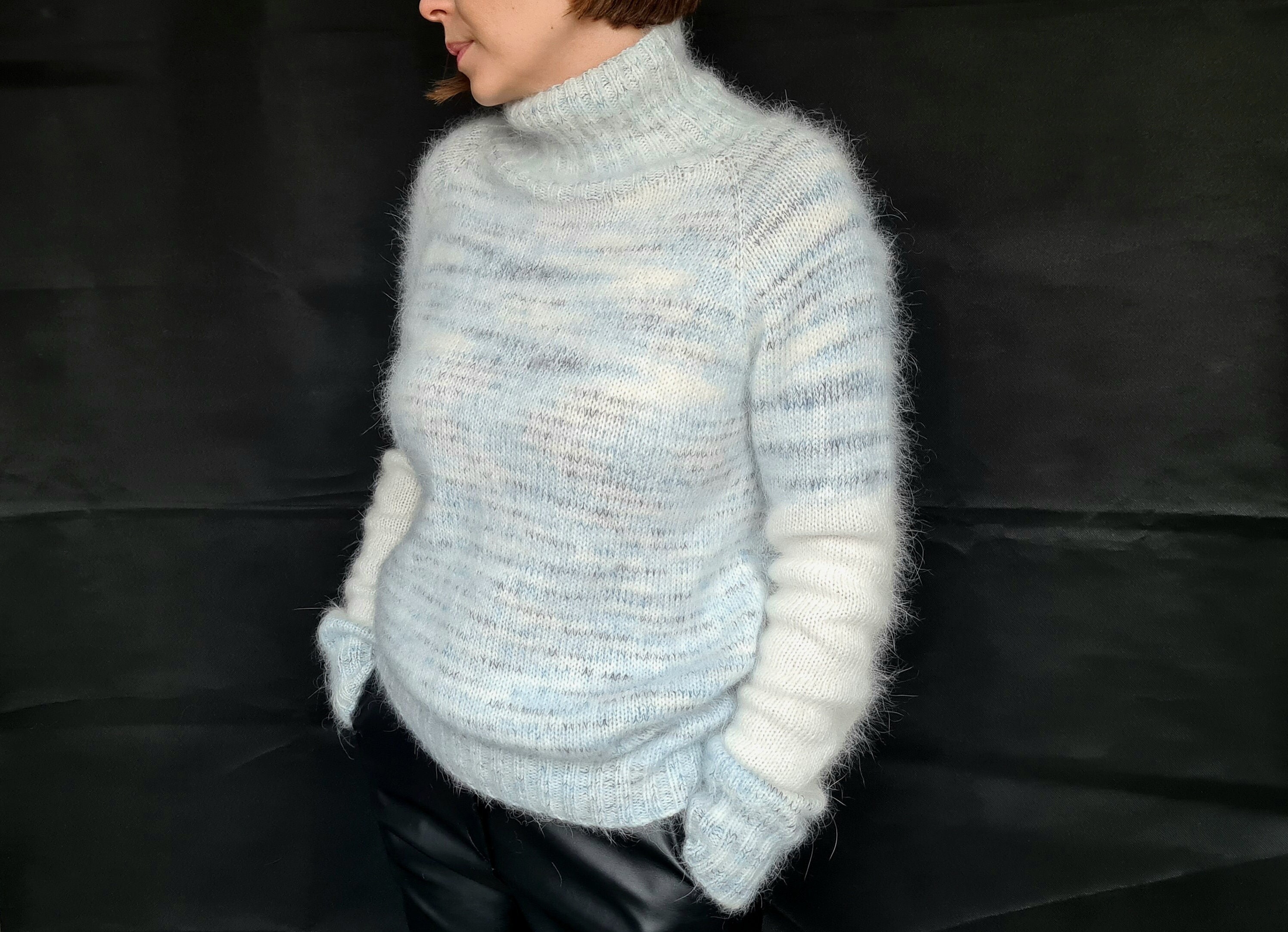 Angora White Blue Knitted Sweater With Long Sleeve and Stand