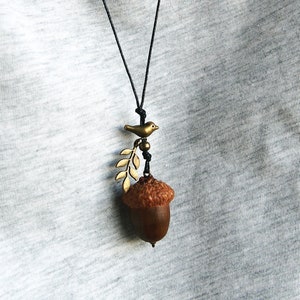 Real acorn necklace with tiny bird, acorn charm, enchanted forest necklace, Oak acorn pendant from Lithuania, celtic pagan necklace