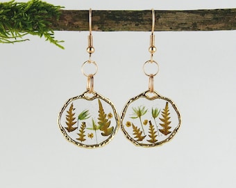Handmade fern earrings, pressed flower earrings, real flower earrings with bezel, terrarium earrings, dried flowers earrings