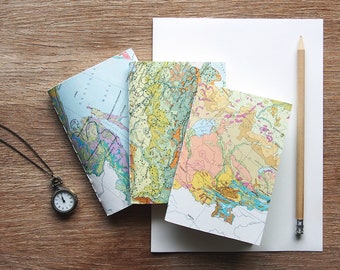 Set of three map notebooks, tiny notebook with old map cover, bulk notebooks, kraft notebook  with blank pages, recycled notebook