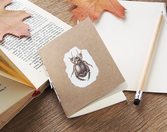 Beetle tiny notebook, recycled kraft notebook with blank pages, bulk notebooks with vintage print, tiny sketchbook with plain pages