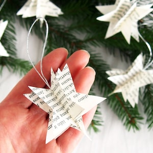 Set of five stars, custom made Christmas ornaments, book page ornament, book club ornament, handmade paper ornaments, literary ornament