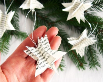 Set of five stars, custom made Christmas ornaments, book page ornament, book club ornament, handmade paper ornaments, literary ornament