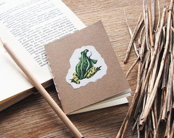 Green frog tiny notebook, bulk notebooks with plain pages, kraft notebook with vintage print, handmade miniature notebook