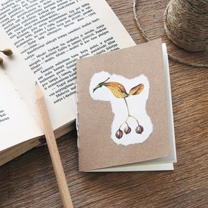 May include: A small, brown notebook with a white, torn edge. A pressed, yellow leaf with three brown seed pods is adhered to the front cover.