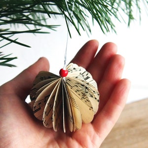 Set of five music sheet ornaments, custom made Christmas ornaments with antique sheet music, handmade paper ornaments, book page ornament