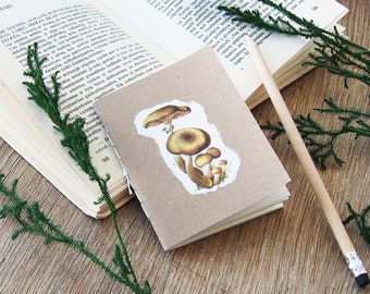 Fungi tiny notebook, recycled kraft notebook with blank pages, bulk notebooks with vintage print, tiny sketchbook with plain pages