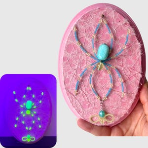 Blue Uranium Vaseline Glass Yellow Blue Beaded Spider on Pink Gothic Dark Aesthetic Wall Plaque Art