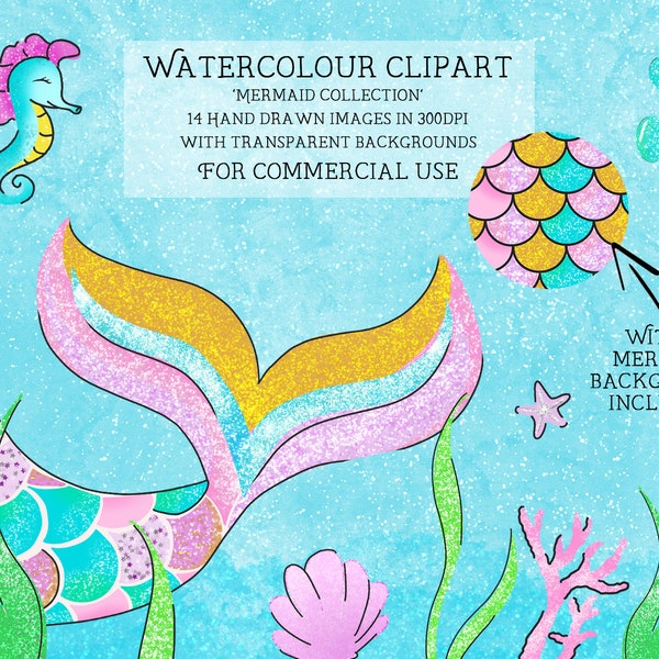 Watercolor mermaid tail clipart, pastel baby girl birthday party png, nursery decor, baby shower, digital download