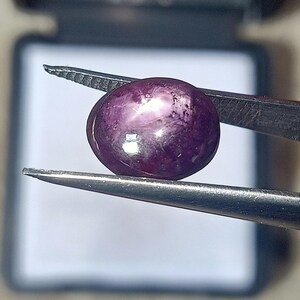 May include: A deep purple, oval gemstone is held by silver tweezers. The gem has a polished, reflective surface with internal patterns and a star-like effect. The background is a soft, out-of-focus white. The gem is approximately 1.5 cm in diameter.