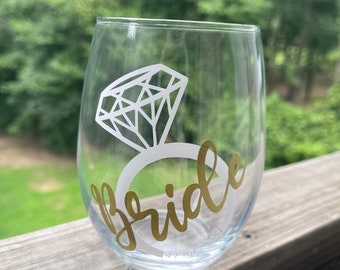 Personalized Bride wine glass, bridal shower gift, gift for bride to be, wedding gift for bride, special bride gift, engagement ring glass