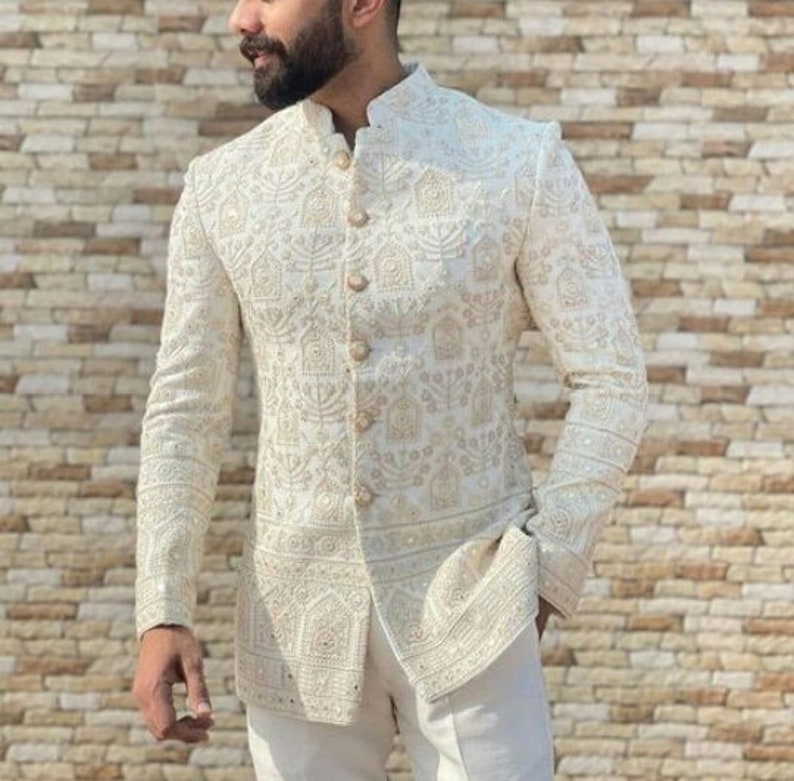 Ivory Chikankari Embroidered Jodhpuri Suit For Men Wedding image 1