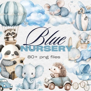Blue Nursery Watercolor Clipart Set | Nursery Wall Art Elements | PNG