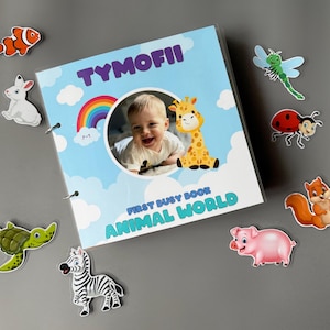 Personalized Animal World Busy Book | Montessori Toddler Activity | Velcro Matching Game | Laminated Busy Book