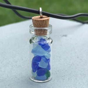 Blue Sea Beach Glass Vial Cork Bottle Necklace Handmade Black Cording