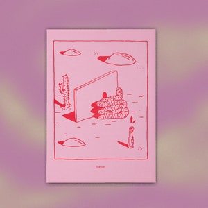 Puede incluir: Una ilustración rosa y roja de un paisaje desértico con un cactus, una formación rocosa y una serpiente enroscada. El texto "Grenzen" está en la parte inferior de la imagen.