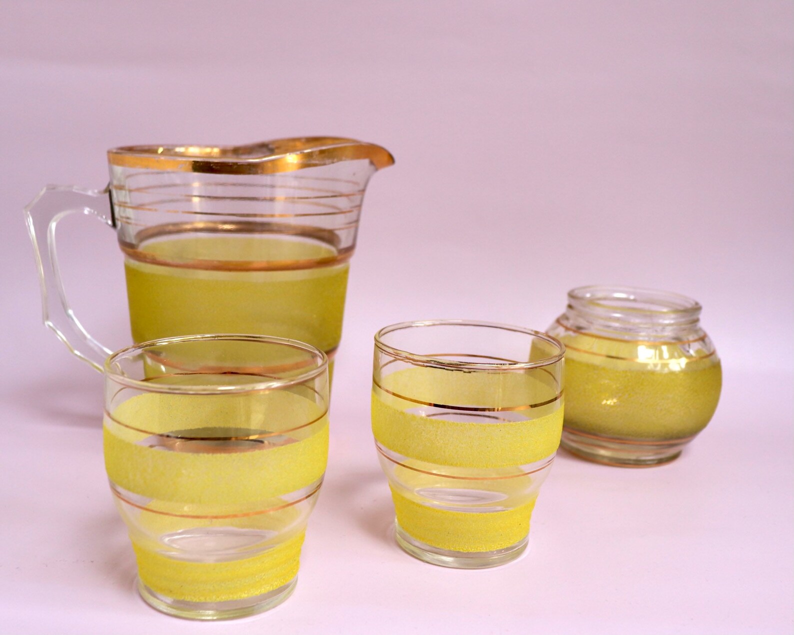 Vintage 1960s frosted yellow glass pitcher set with gold Etsy