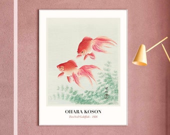 Fine Art Print Vintage Japanese Art Green Japanese Art Print Carp Koi by Ohara Koson #368 Vintage Prints Art Reproduction Grey