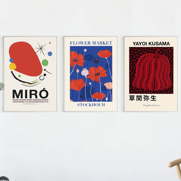 Set Of 3 Prints, Set of Three Wall Art, Gallery Wall Bundle, Flower Market Print, Yayoi Kusama Pumpkin, Yayoi Kusama Poster, Joan Miro Print