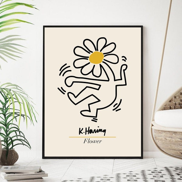 Keith Haring Flower, Keith Haring Poster, Keith Haring Print, Keith Haring Canvas, Keith Haring Exhibition Poster, Yellow Flower Print