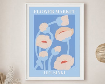 Blumenmarkt Poster, Blumenmarkt Poster, Blumenmarkt Helsinki, Blumenmarkt Wandkunst, Floristengeschenk, Trendige Wandkunst, Blaue Wandkunst