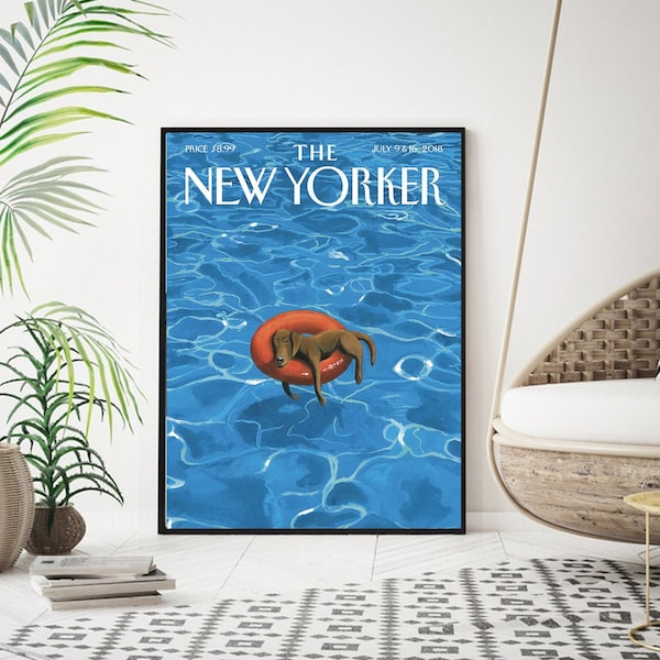 New Yorker Magazin Cover, New Yorker Print, New Yorker Dog in The Pool Poster, Vintage Poster, Trendy Wall Art, Modern Art Print, Blue Print