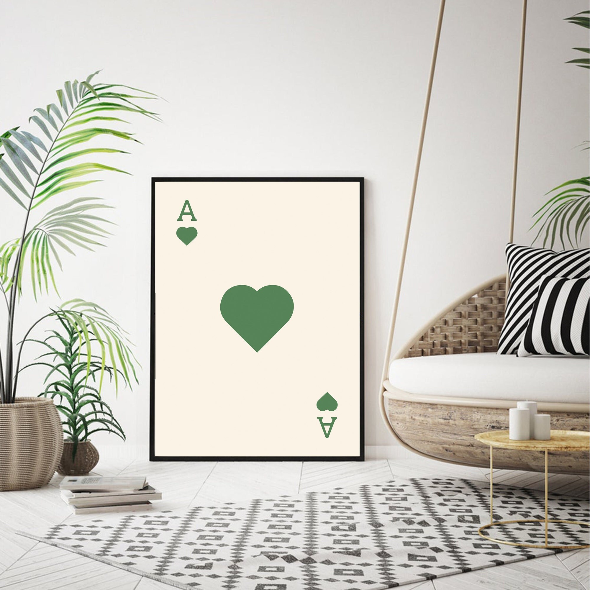 Framed 2Pcs Poker Queen Green Ace Card Lucky You Trendy Retro Canvas Wall  Art Print Card Poster Funny Trendy Casino Theme Party Minimalist Wall Decor