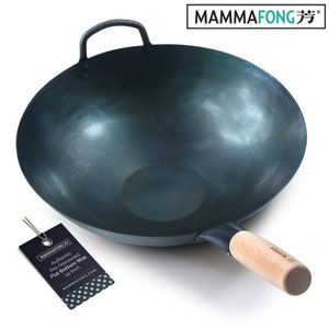 Pre-Seasoned Blue Carbon Steel Hand Hammered Flat Bottom Pow Wok With Helper Handle