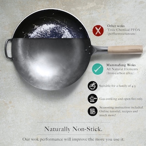 Authentic Carbon Steel Hand Hammered Pow Wok, 14&quot; Traditional Wok With Helper Handle