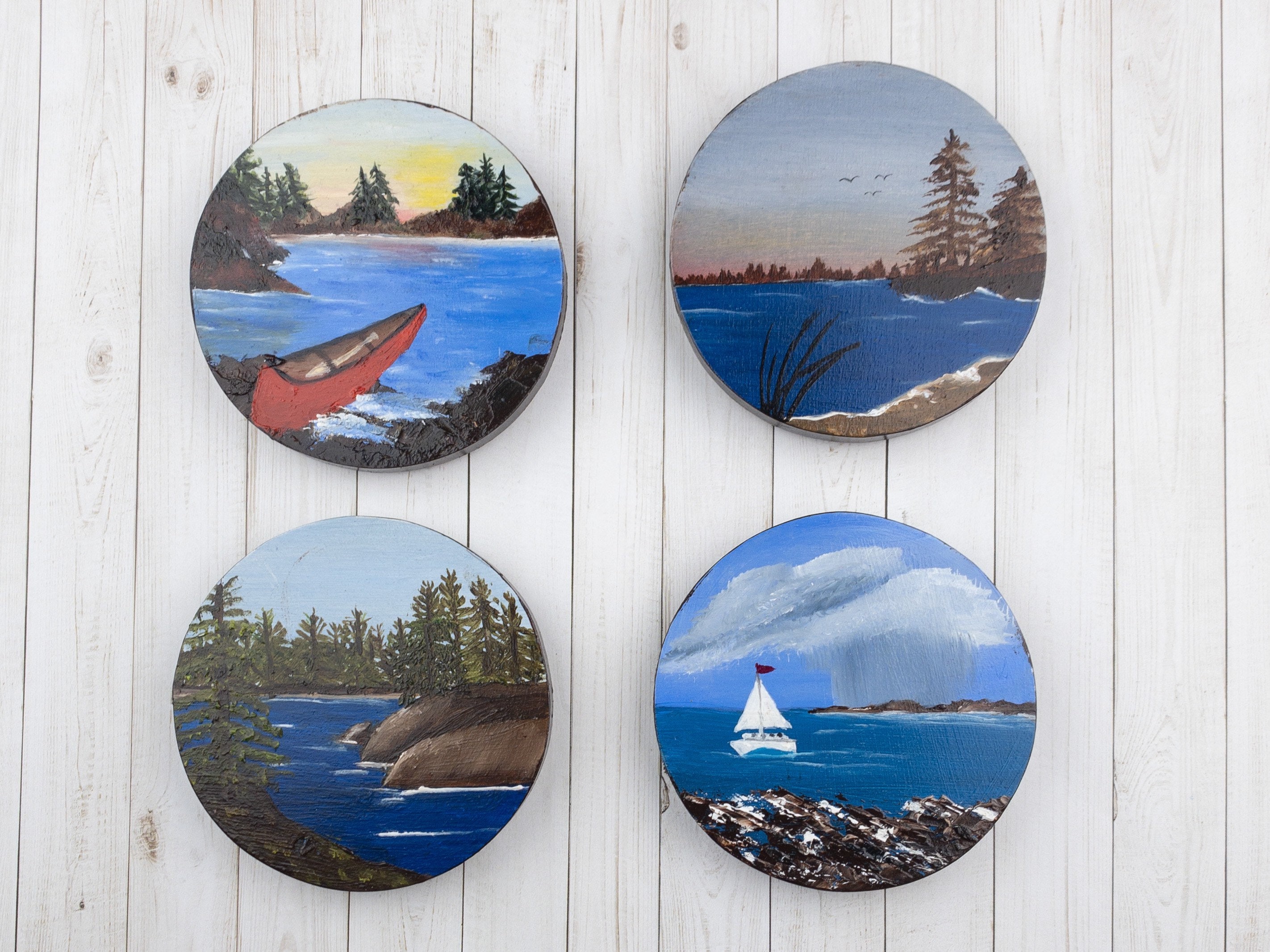 Hand Painted Wooden Coasters Scenic Lakes Oil Painted Etsy