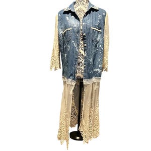 Reworked Denim and Lace Duster Long Sleeve Bleached Art Design Vintage Lace Ribbon Details Womens Size Medium Jean Jacket Distressed