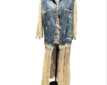 Reworked Denim and Lace Duster Long Sleeve Bleached Art Design Vintage Lace Ribbon Details Womens Size Medium Jean Jacket Distressed