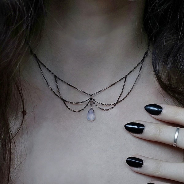 Nocturna / opalite drop statement chain choker / Gothic crystal black choker / victorian witchy necklace