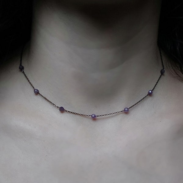 Moonglow / Genuine amethyst necklace / black chain purple Gemstone necklace / witchy gothic 90s necklace / February birthstone