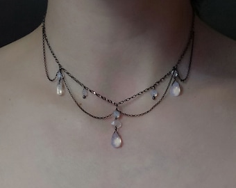 Hades / opalite drop statement chain choker / Gothic crystal black choker / victorian witchy necklace