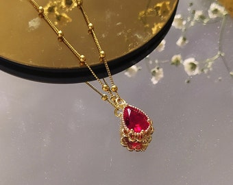 Ruby Red Crystal Necklace: 14K Gold Vermeil Drop Pendant