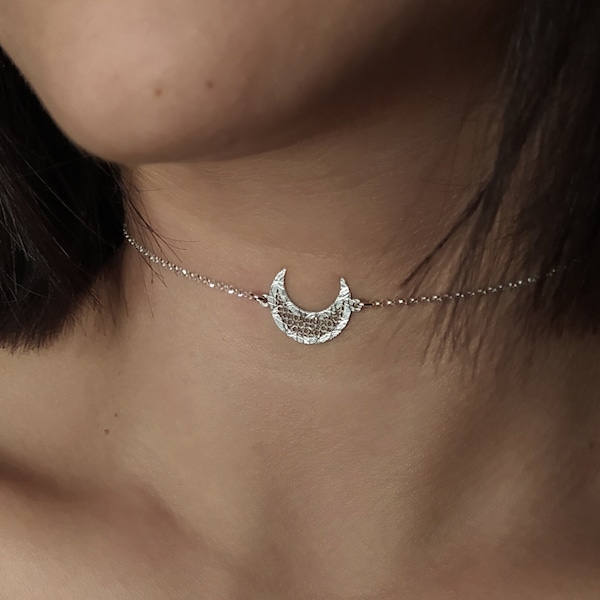 Lunar Empress / collier tour de cou croissant de lune / tour de cou en filigrane en argent sterling / bijoux de sorcellerie gothique