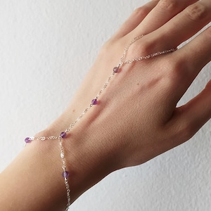 Heartleaf / Amethyst Hand bracelet / finger bracelet / Sterling silver back hand bracelet / slave bracelet ring / hand chain