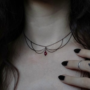 Nocturna / red garnet gemstone drop statement chain choker / Gothic crystal black choker / victorian witchy necklace