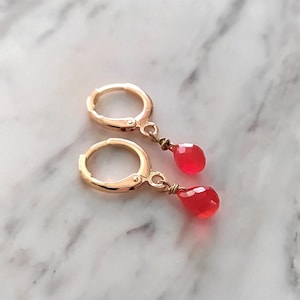 Marigold / Carnelian gemstone drop huggie earrings / dainty gold earrings / Tiny Minimalist jewelry