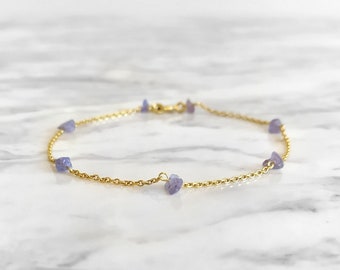 Rå Tanzanitarmband: Lila ädelsten, 14K guld vermeil