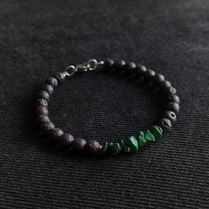 Mens groene zwarte armband / premium kwaliteit lava, malachiet edelsteen & sterling zilver / kralen armband voor mannen / Cadeau voor hem