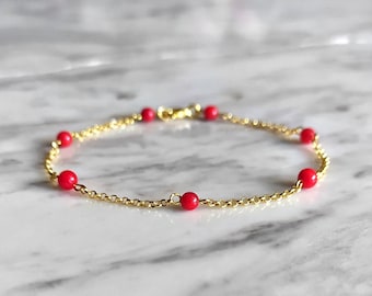 Coral Jewellery. Scarlet Rose Ruby Red Bracelet Natural Red Coral Heavy Gemstone Beaded Handmade Band Bracelet