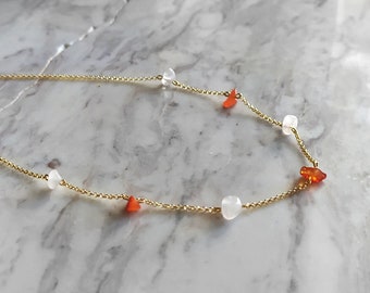 Collier quartz rose brut et cornaline : Collier Vénus en or vermeil 14 carats