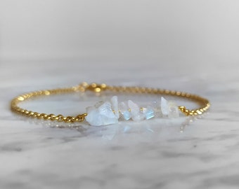 Dainty Raw Moonstone Bar Bracelet: 14K Gold Vermeil Beaded Gemstone