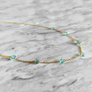 Raw Apatite Gemstone Necklace: 14K Gold Vermeil Chain, Delicate Dainty Necklace