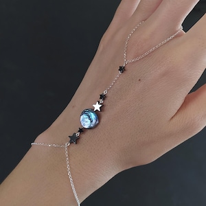 Clair de Lune / black moon & stars hand bracelet / finger bracelet / waterproof slave bracelet / gothic witchy celestial jewelry