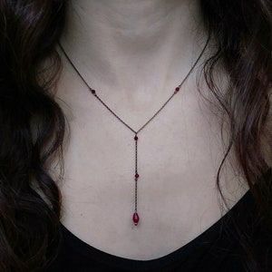 Artemis Dreaming / Dainty black Y necklace / Dark red drop necklace / sterling silver chain / gothic witchy gemstone necklace