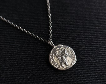 Collar de monedas de dinar romano antiguo para hombres / colgante de hombre / cadena de plata de ley o acero inoxidable / Regalo para él / collar césar