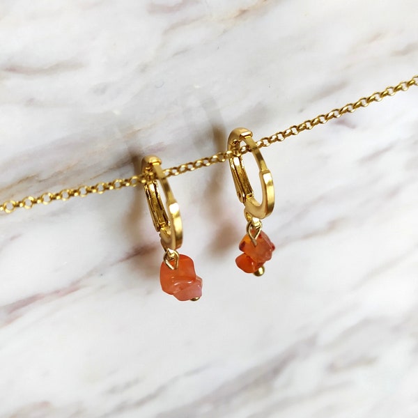 Raw carnelian gemstone earrings / dainty gold earrings / Tiny Minimalist jewelry / August Birthstone